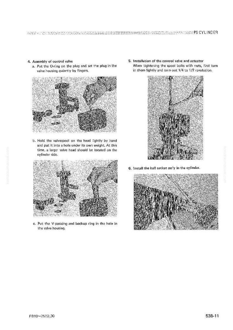 May include: Diagram of a cylinder assembly process, with text instructions and illustrations. The images show steps for assembling a control valve, including installing O-rings, spool bolts, and a ball socket. The text includes measurements and part names.