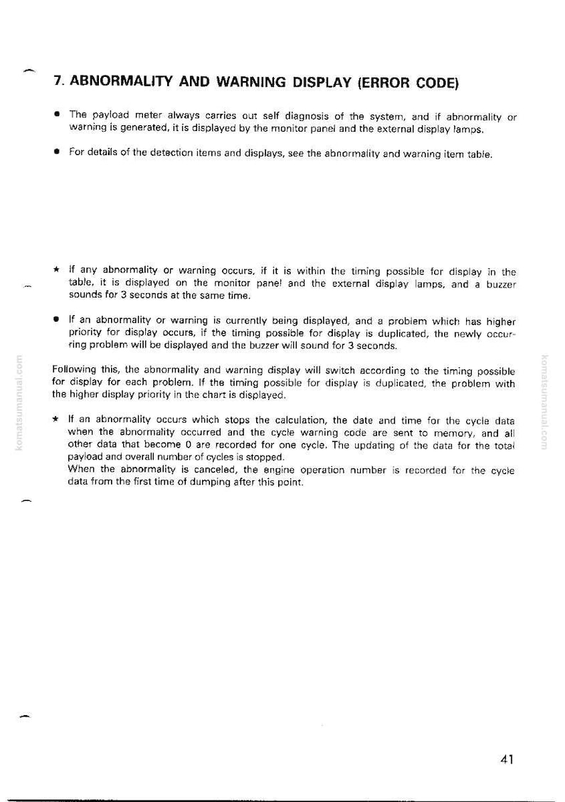 Op de afbeelding: Een pagina uit een handleiding met de titel "AFWIJKING EN WAARSCHUWINGWEERGAVE (FOUTCODE)". De tekst beschrijft foutcodes, displaylampen en cyclusgegevens. De pagina is wit met zwarte tekst en een paginanummer.
