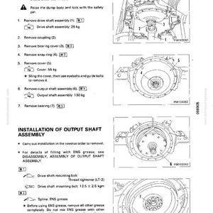 May include: A technical diagram from a manual detailing the removal and installation of an output shaft assembly. The diagram includes numbered steps, illustrations of components, and specifications like weight in kilograms.