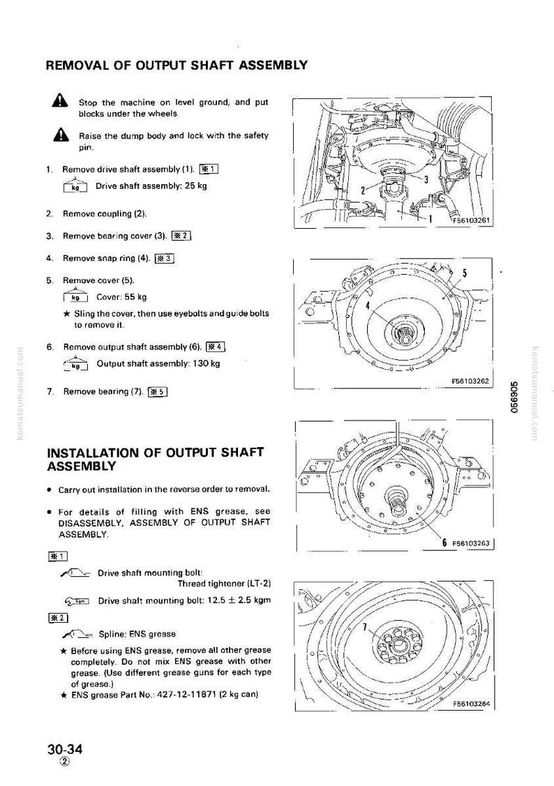 May include: A technical diagram from a manual detailing the removal and installation of an output shaft assembly. The diagram includes numbered steps, illustrations of components, and specifications like weight in kilograms.