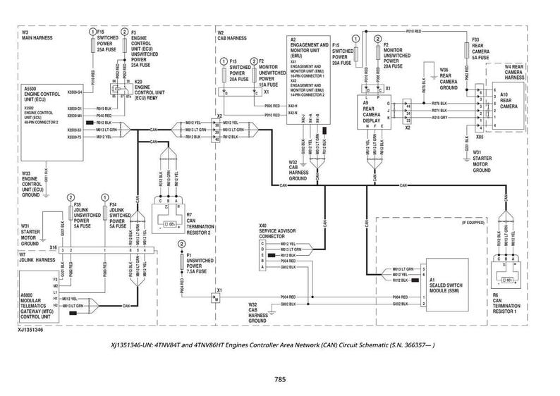 Puede incluir: Diagrama esquem&aacute;tico en blanco y negro detallado de una red de &aacute;rea de control del motor (CAN) para motores 4TNV84T y 4TNV8GHT. El diagrama incluye varios componentes, fusibles y conectores, con etiquetas y l&iacute;neas.