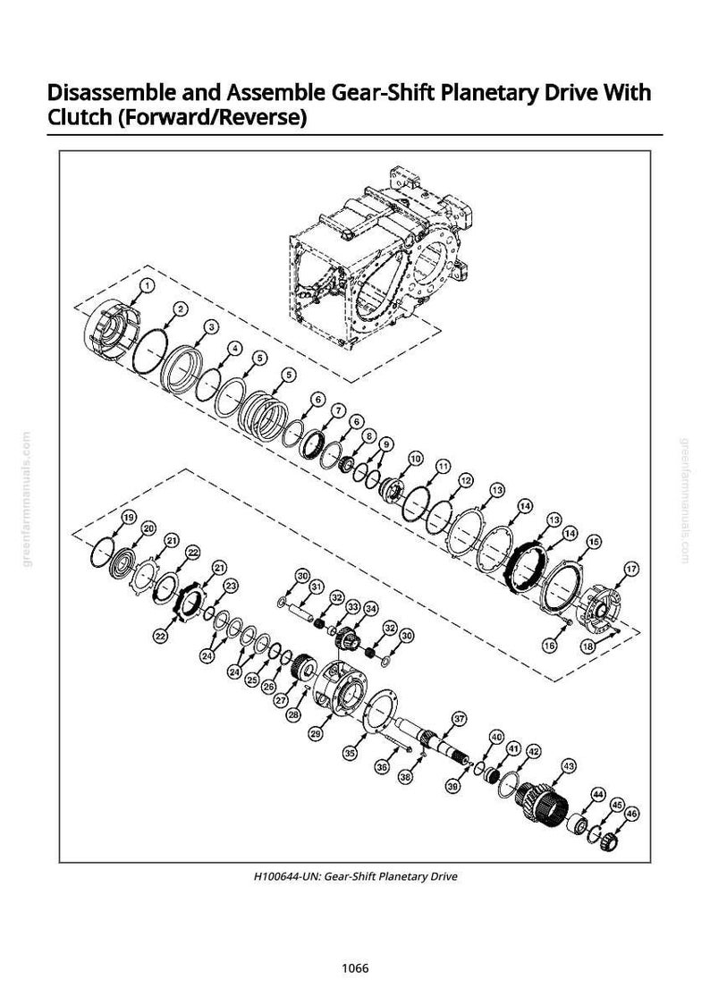 May include: An exploded diagram of a gear-shift planetary drive with clutch, labelled "Disassemble and Assemble Gear-Shift Planetary Drive With Clutch (Forward/Reverse)". The image shows various mechanical components, including gears, rings, and a central housing, with numbered labels.