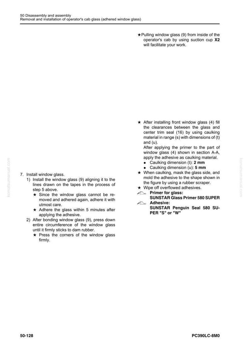 May include: A white page with instructions for removing and installing operator's cab glass. The text includes steps for installing the window glass, applying adhesive, and using a suction cup. The page also lists primer and adhesive products.