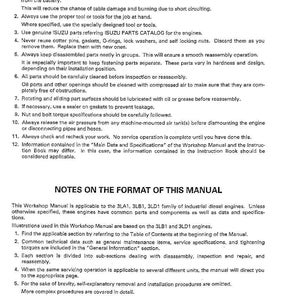 May include: A page from a workshop manual titled "GENERAL REPAIR INSTRUCTIONS." The text details engine repair procedures, including safety advice and part replacement guidance. The manual also provides notes on its format and applicability to specific industrial diesel engine models.