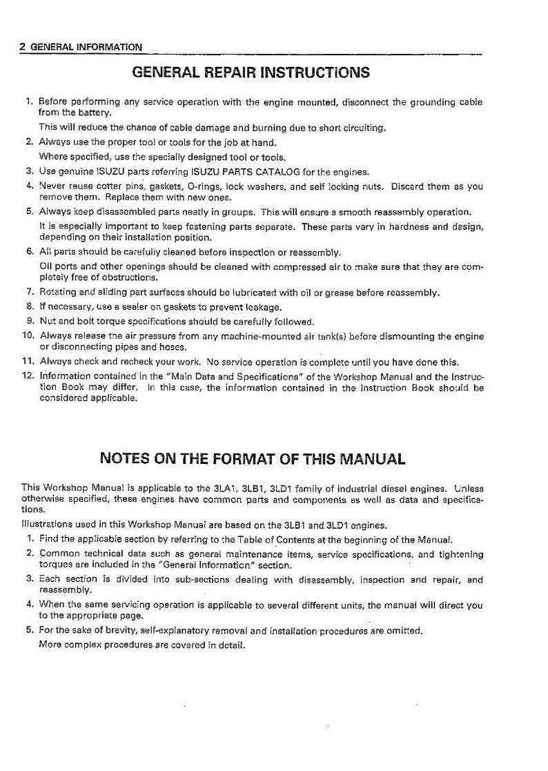 May include: A page from a workshop manual titled "GENERAL REPAIR INSTRUCTIONS." The text details engine repair procedures, including safety advice and part replacement guidance. The manual also provides notes on its format and applicability to specific industrial diesel engine models.
