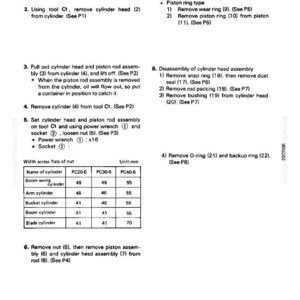 May include: A detailed technical diagram titled "DISASSEMBLY OF HYDRAULIC CYLINDER ASSEMBLY." The document provides step-by-step instructions with numbered points and diagrams. Includes a table with cylinder measurements in millimeters.