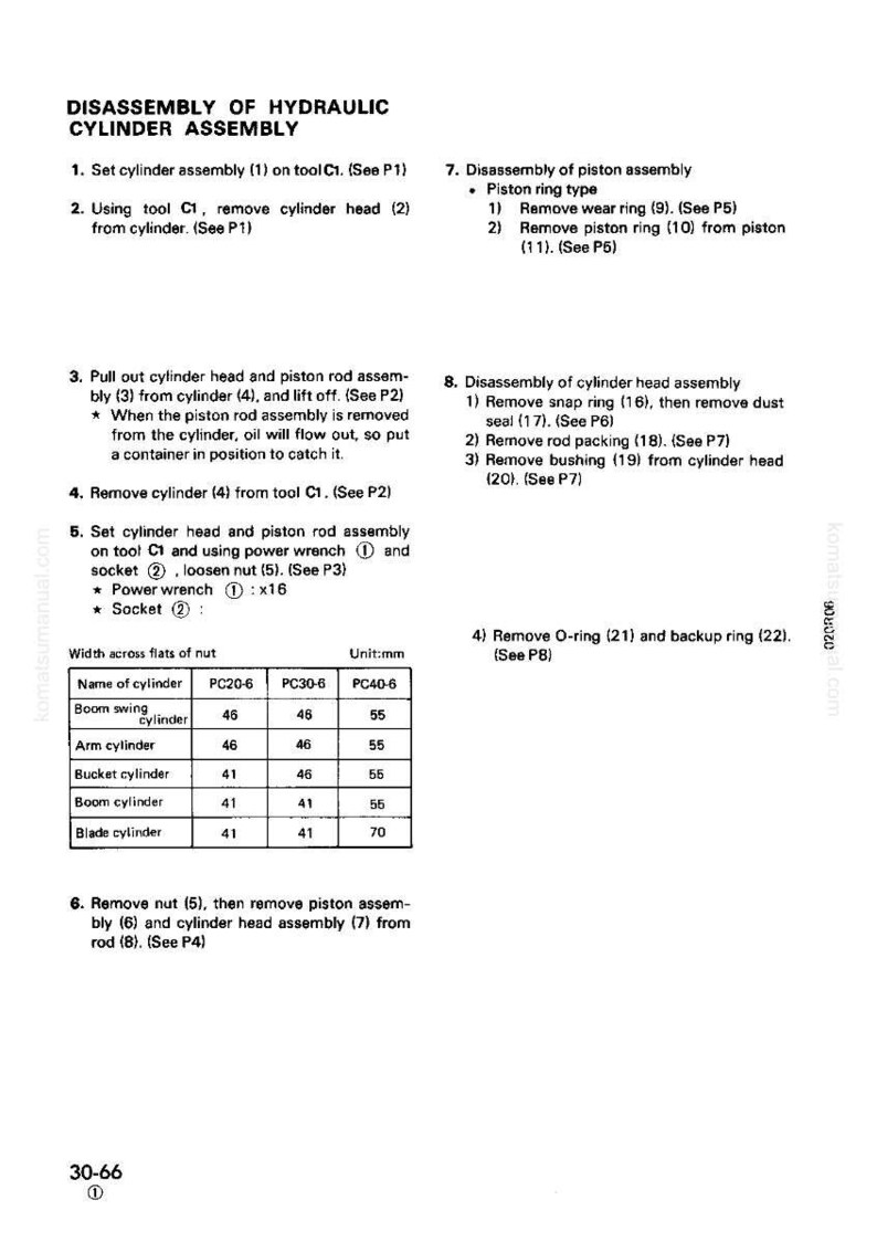 May include: A detailed technical diagram titled "DISASSEMBLY OF HYDRAULIC CYLINDER ASSEMBLY." The document provides step-by-step instructions with numbered points and diagrams. Includes a table with cylinder measurements in millimeters.