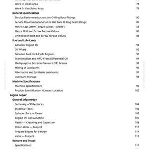 May include: A manual page with a detailed table of contents. Sections include "General Specifications", "Fuel and Lubricants", and "Engine Repair". Page numbers are displayed on the right-hand side.