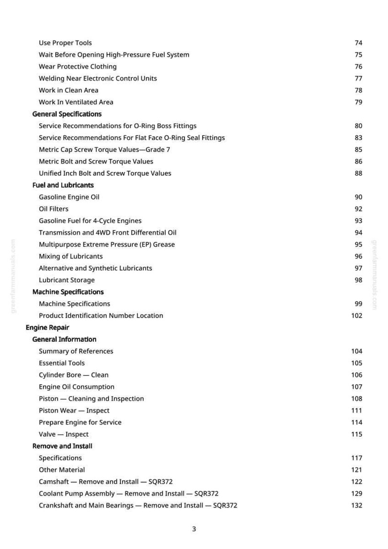May include: A manual page with a detailed table of contents. Sections include "General Specifications", "Fuel and Lubricants", and "Engine Repair". Page numbers are displayed on the right-hand side.