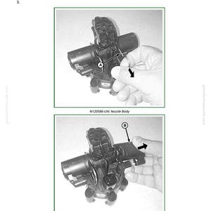 May include: Two black nozzle body diagrams with arrows pointing to parts. The top image shows a hand removing a part labeled "A - Clip". The bottom image shows a hand removing a part labeled "B - Solenoid". Text at the bottom reads "N120590-UN: Nozzle Body".