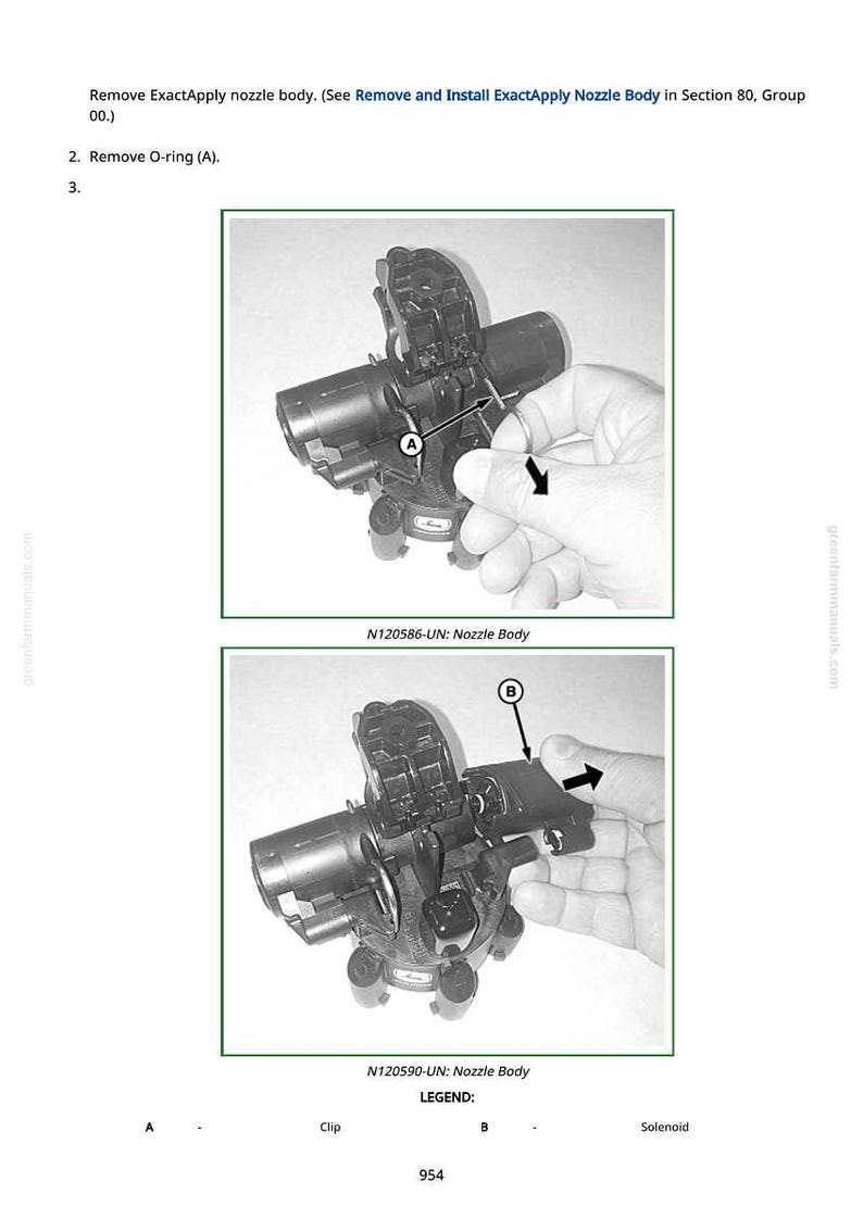 May include: Two black nozzle body diagrams with arrows pointing to parts. The top image shows a hand removing a part labeled "A - Clip". The bottom image shows a hand removing a part labeled "B - Solenoid". Text at the bottom reads "N120590-UN: Nozzle Body".