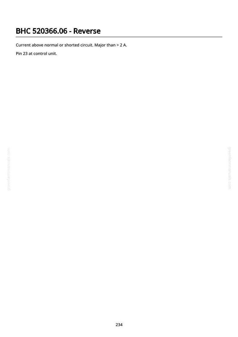 May include: A white document with the text "BHC 520366.06 - Reverse". The text describes a current issue, specifying "Current above normal or shorted circuit. Major than > 2 A." and "Pin 23 at control unit."