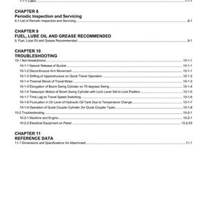 May include: A manual page featuring a table of contents. The text includes chapter headings such as "Periodic Inspection and Servicing" and "Troubleshooting." Sections detail topics like fuel, oil, grease, and dimensions.