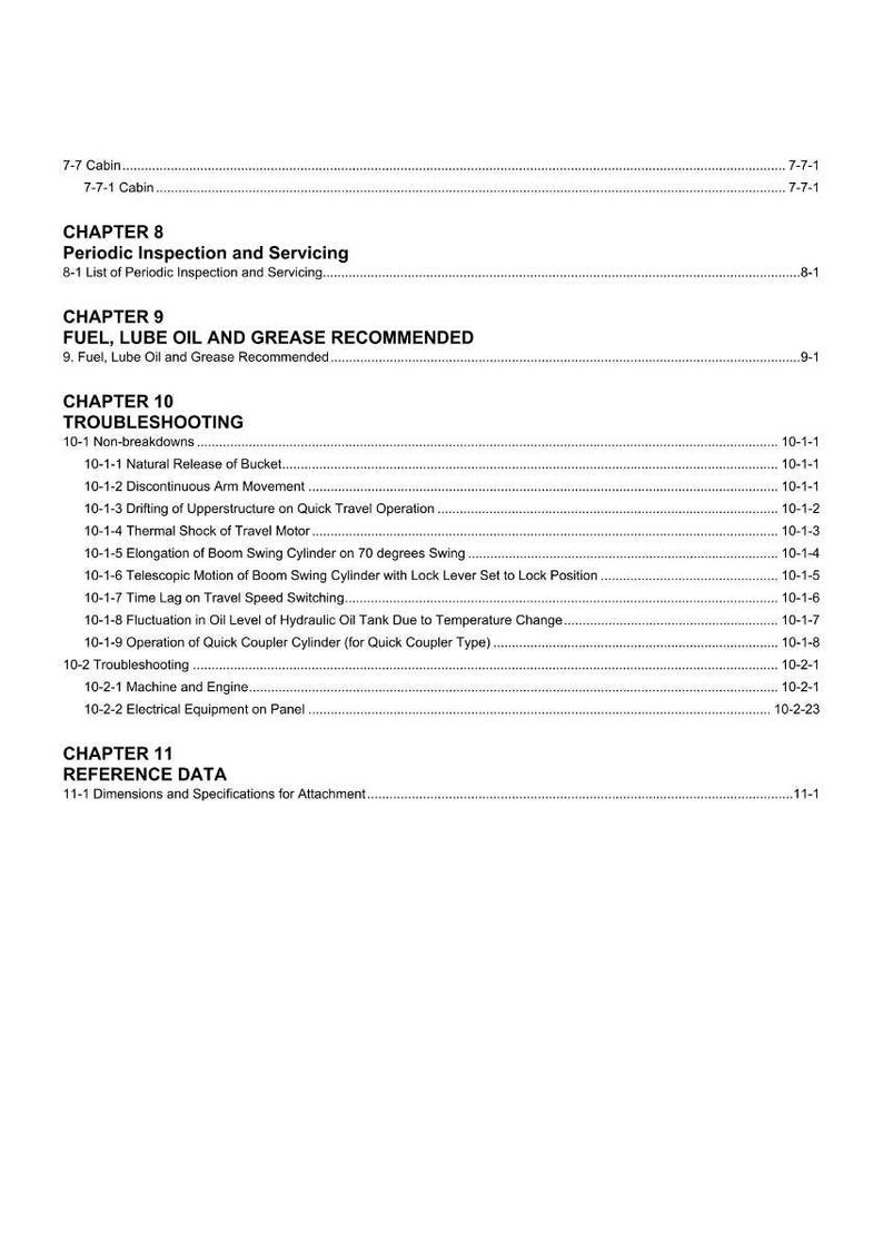 May include: A manual page featuring a table of contents. The text includes chapter headings such as "Periodic Inspection and Servicing" and "Troubleshooting." Sections detail topics like fuel, oil, grease, and dimensions.
