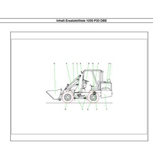 May include: Line drawing of a Weidemann compact loader, labeled with numbers. The text "Inhalt Ersatzteilliste 1250 P33 DBE" is at the top. The Weidemann logo is in the upper left corner.