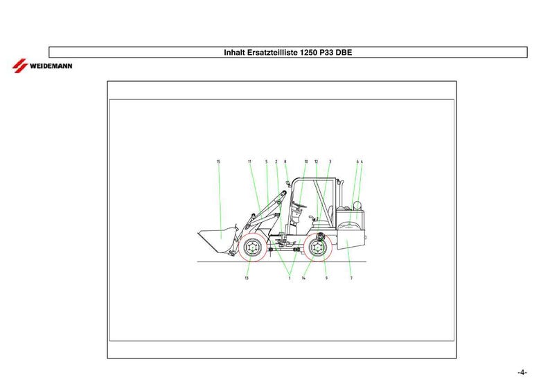 May include: Line drawing of a Weidemann compact loader, labeled with numbers. The text "Inhalt Ersatzteilliste 1250 P33 DBE" is at the top. The Weidemann logo is in the upper left corner.