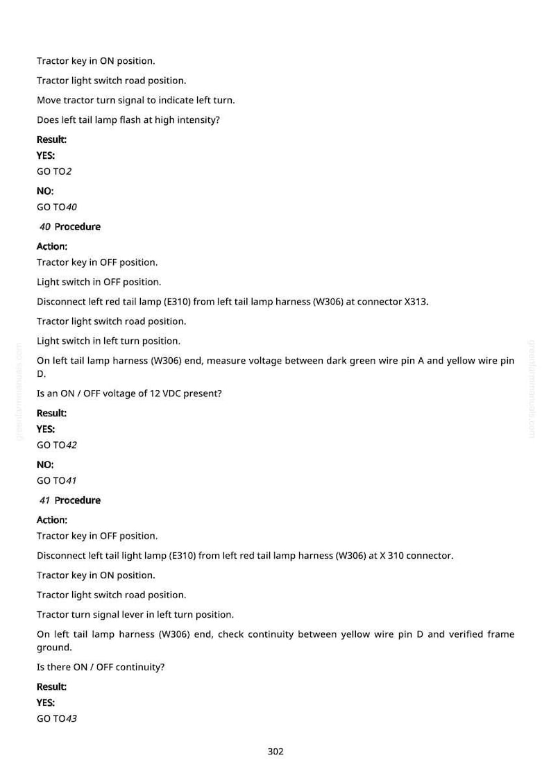 May include: A page of text detailing a tractor troubleshooting procedure. The text includes instructions for checking the tail lamp, including steps for the key, light switch, and harness connections. The page also includes the number 302 at the bottom.