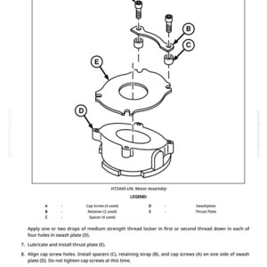 May include: An exploded diagram of a motor assembly, featuring a swashplate, thrust plate, cap screws, retainers, and spacers. The image includes labels A, B, C, D, and E, with a legend detailing each component. Text includes the model number and assembly instructions.