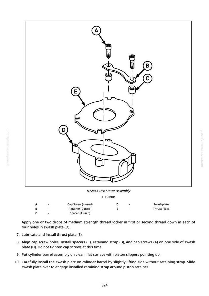 May include: An exploded diagram of a motor assembly, featuring a swashplate, thrust plate, cap screws, retainers, and spacers. The image includes labels A, B, C, D, and E, with a legend detailing each component. Text includes the model number and assembly instructions.