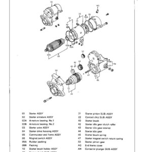 May include: An exploded diagram of a starting motor, showcasing its components. The image includes labels for parts like the starter assembly, armature bearing, and magnet switch assembly. The diagram is in black and white.