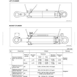 May include: Diagram of a work equipment cylinder, WA250-5, with detailed illustrations of lift and bucket cylinders. Includes a table with specifications for clearance, tolerance, and tightening torque, measured in millimetres.