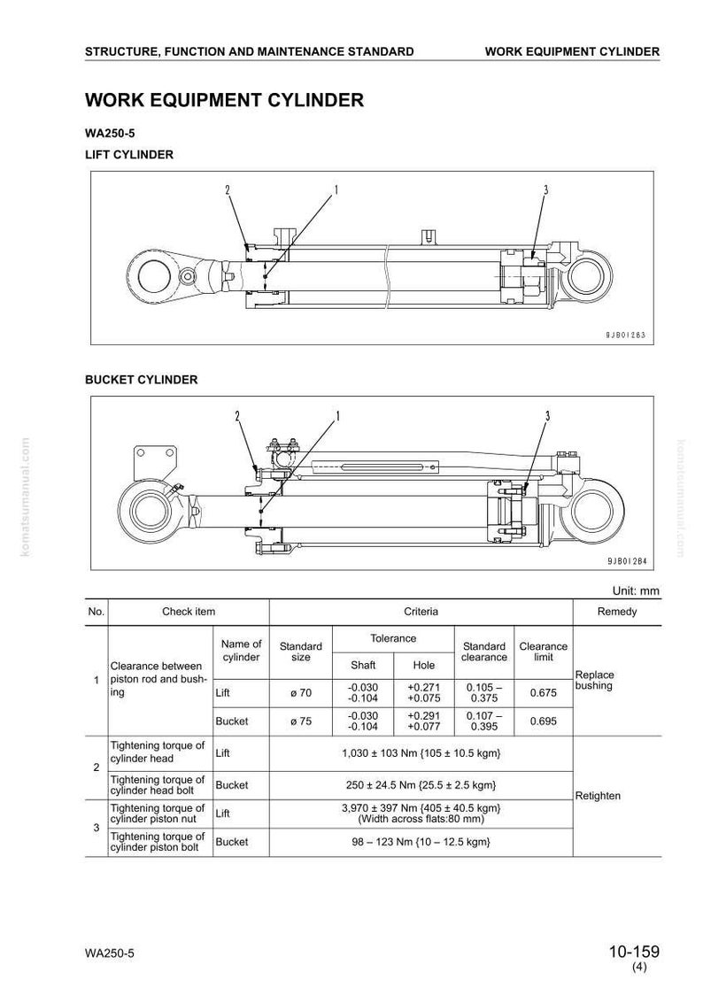 May include: Diagram of a work equipment cylinder, WA250-5, with detailed illustrations of lift and bucket cylinders. Includes a table with specifications for clearance, tolerance, and tightening torque, measured in millimetres.