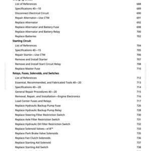 May include: A page from a repair manual with a list of automotive repair topics, including "Charging Circuit" and "Starting Circuit." The text is black on a white background, with page numbers on the right.