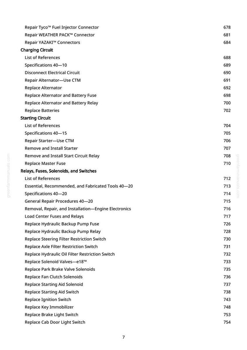 May include: A page from a repair manual with a list of automotive repair topics, including "Charging Circuit" and "Starting Circuit." The text is black on a white background, with page numbers on the right.