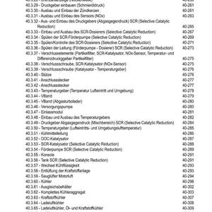 May include: A detailed table of contents in German, listing automotive components and procedures. Includes terms like 'SCR-Katalysator' and 'Kraftstoffk&uuml;hler', with corresponding page numbers. The document is for automotive repair.