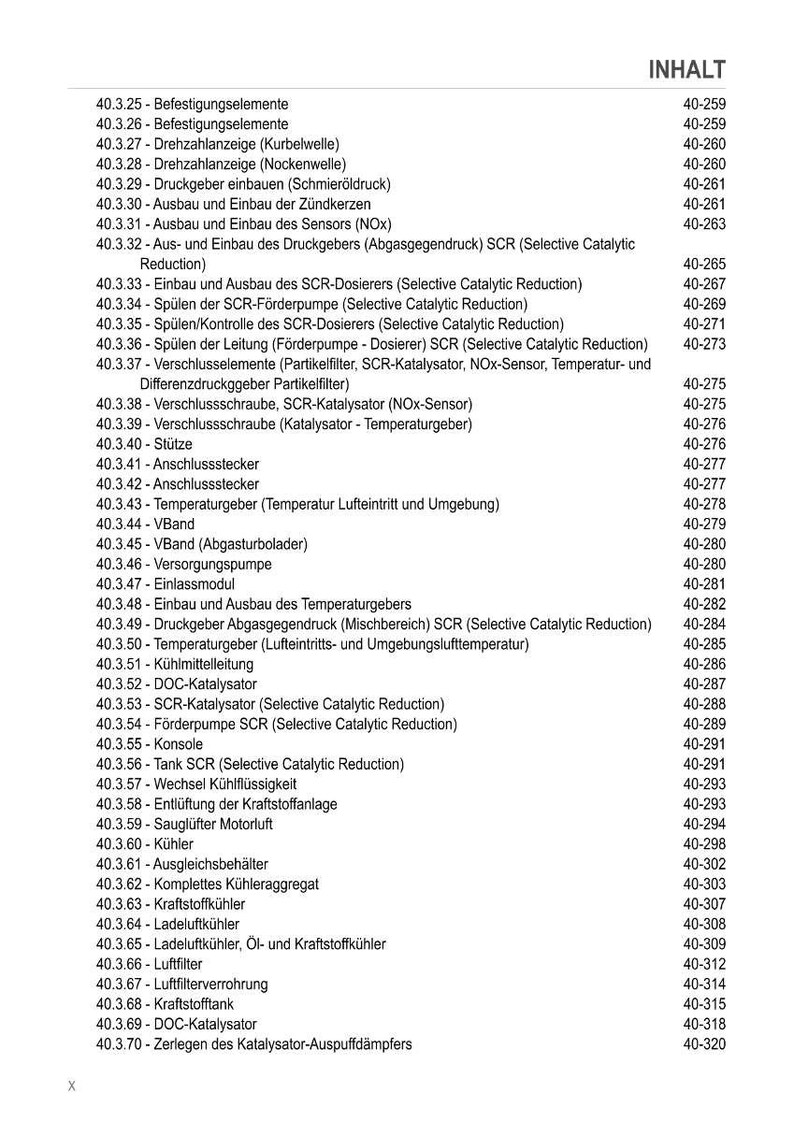 May include: A detailed table of contents in German, listing automotive components and procedures. Includes terms like 'SCR-Katalysator' and 'Kraftstoffk&uuml;hler', with corresponding page numbers. The document is for automotive repair.