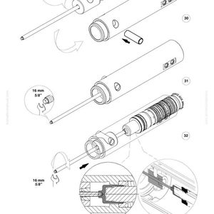 Pu&ograve; includere: Un diagramma esploso di un componente meccanico, con parti cilindriche, aste e meccanismi interni. Il diagramma include misure di 1,6 cm (5/8") e una distinta base. L'immagine &egrave; un'illustrazione tecnica.
