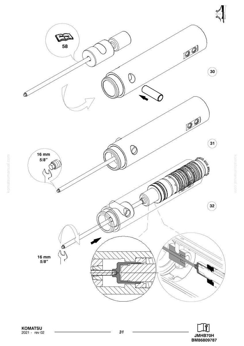Pu&ograve; includere: Un diagramma esploso di un componente meccanico, con parti cilindriche, aste e meccanismi interni. Il diagramma include misure di 1,6 cm (5/8") e una distinta base. L'immagine &egrave; un'illustrazione tecnica.