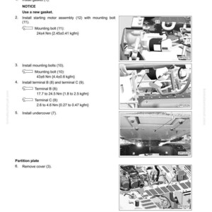 Pu&ograve; includere: Diagramma tecnico che illustra l'installazione di un motorino di avviamento. L'immagine mostra vari componenti, tra cui bulloni, terminali e una piastra di separazione, con testo che dettaglia il processo di assemblaggio e le specifiche di coppia.