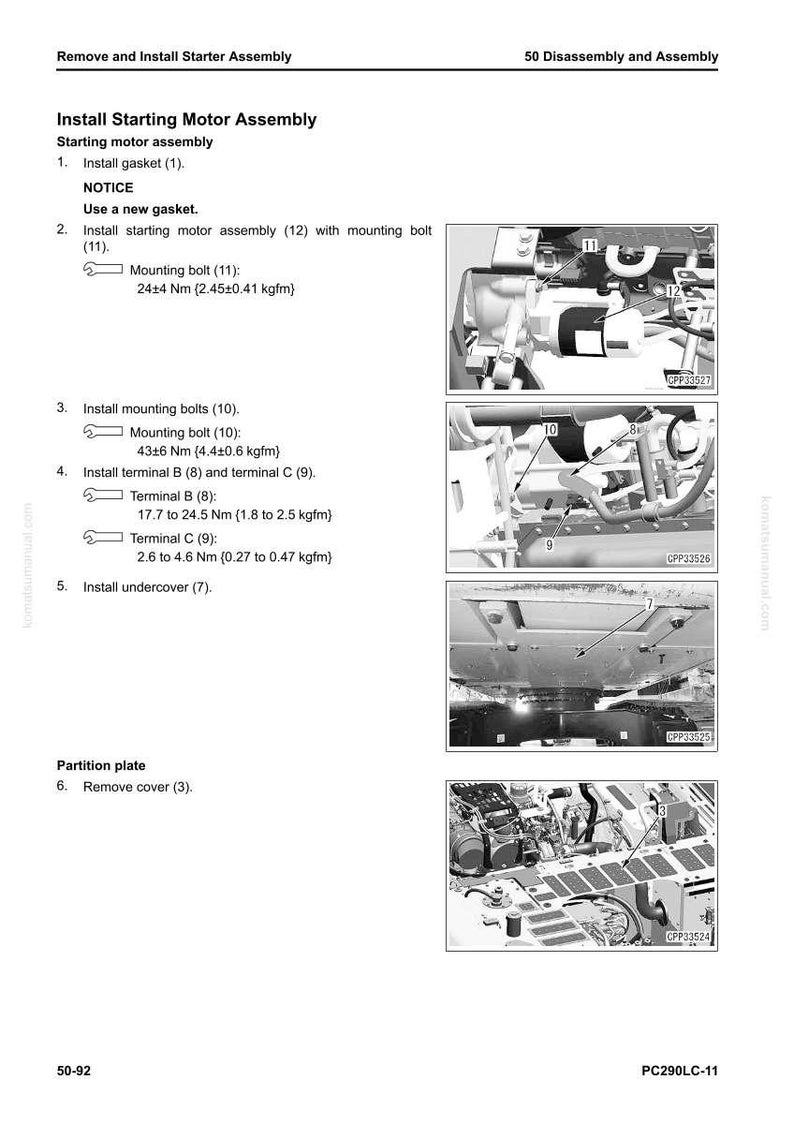 Pu&ograve; includere: Diagramma tecnico che illustra l'installazione di un motorino di avviamento. L'immagine mostra vari componenti, tra cui bulloni, terminali e una piastra di separazione, con testo che dettaglia il processo di assemblaggio e le specifiche di coppia.