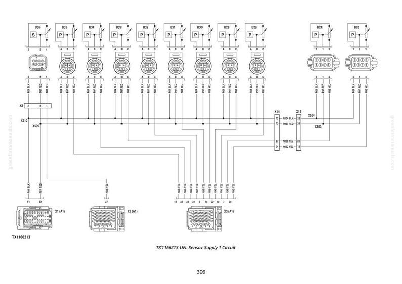 May include: A black and white electrical schematic diagram labelled "TX1166213-UN: Sensor Supply 1 Circuit." The diagram shows various connectors, wires, and symbols, with the number 399 at the bottom.