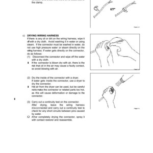 K&ouml;nnte beinhalten: Seite aus einem Handbuch zur Fehlerbehebung mit den Titeln "Fehlersuche" und "Vorsichtsma&szlig;nahmen bei der Wartung". Der Text beschreibt, wie man einen Kabelbaum trocknet, und enth&auml;lt Diagramme von H&auml;nden, die an Steckern arbeiten.