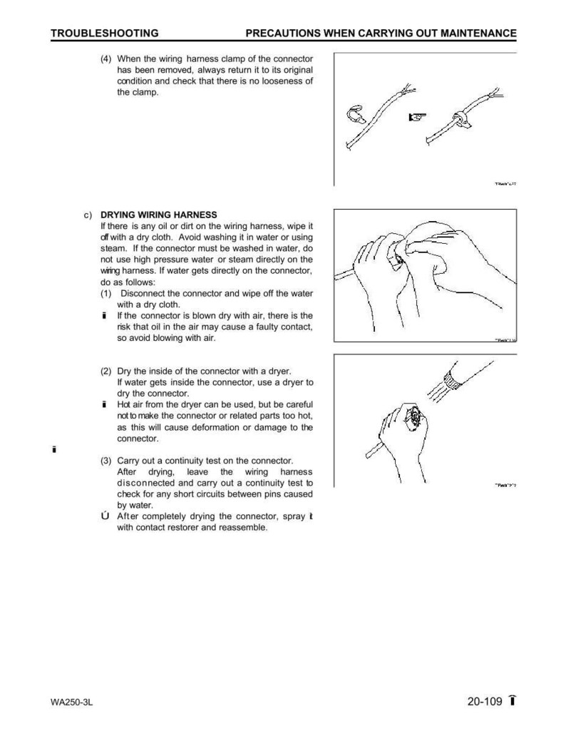 K&ouml;nnte beinhalten: Seite aus einem Handbuch zur Fehlerbehebung mit den Titeln "Fehlersuche" und "Vorsichtsma&szlig;nahmen bei der Wartung". Der Text beschreibt, wie man einen Kabelbaum trocknet, und enth&auml;lt Diagramme von H&auml;nden, die an Steckern arbeiten.