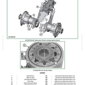 Puede incluir: Diagrama t&eacute;cnico de un conjunto de motor hidrost&aacute;tico, con n&uacute;meros de pieza y descripciones. Incluye una vista detallada de un componente del motor Geroler. Texto: "Hydrostatic Motor Operation - Single Speed" y "XJ1336734".