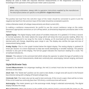 May include: A page from a manual titled "Using a Digital Multimeter." The text describes the use of a digital multimeter, including its display, selector, and various tests such as current, diode, and continuity tests. The page includes diagrams and instructions.