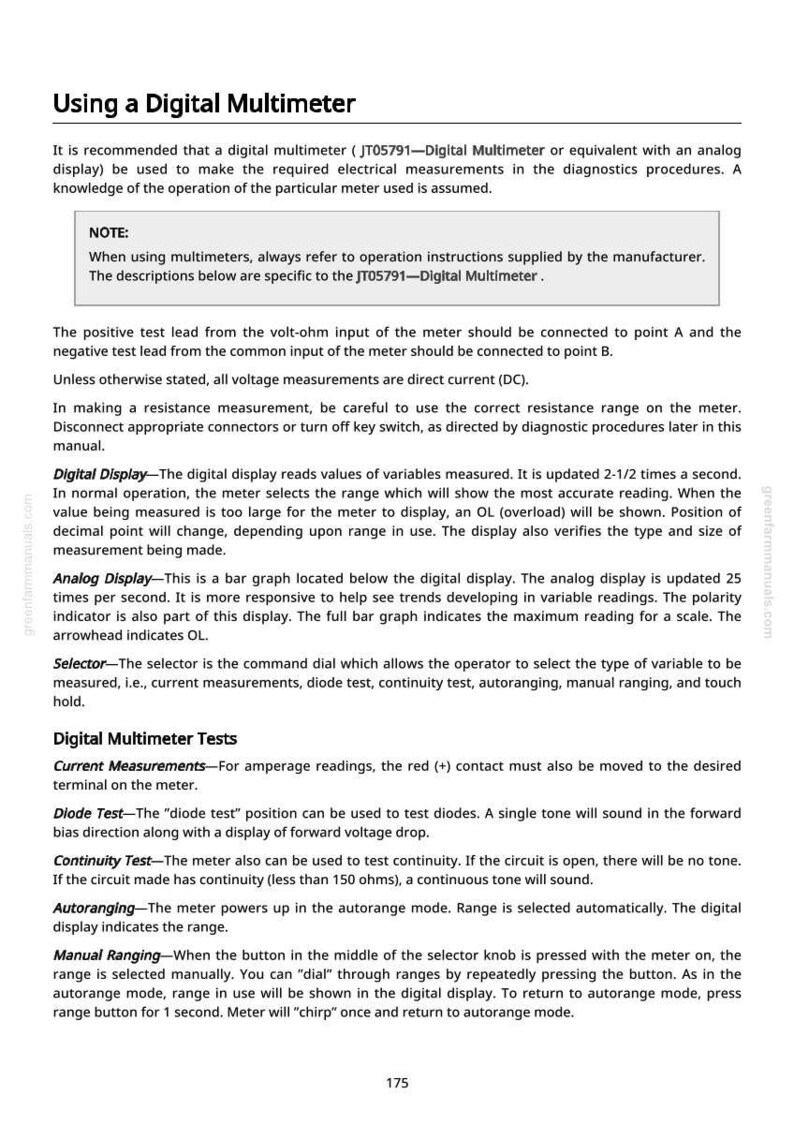 May include: A page from a manual titled "Using a Digital Multimeter." The text describes the use of a digital multimeter, including its display, selector, and various tests such as current, diode, and continuity tests. The page includes diagrams and instructions.