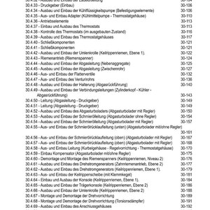 Pu&ograve; includere: Un dettagliato sommario in tedesco, che elenca le procedure di riparazione dei motori automobilistici. Include sezioni su testate, tubi del carburante e componenti del turbocompressore. I numeri di pagina sono a destra.