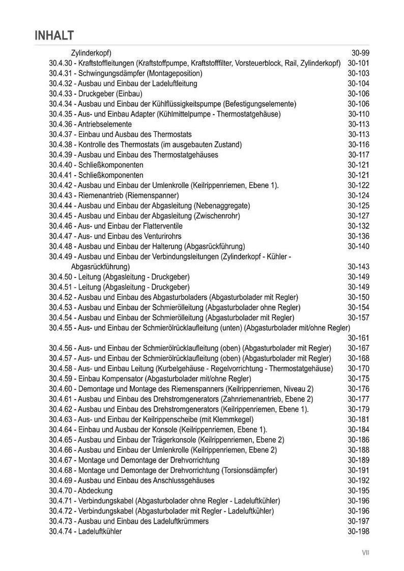 Pu&ograve; includere: Un dettagliato sommario in tedesco, che elenca le procedure di riparazione dei motori automobilistici. Include sezioni su testate, tubi del carburante e componenti del turbocompressore. I numeri di pagina sono a destra.