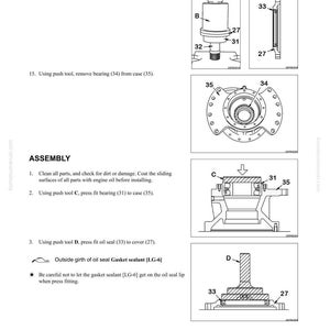 May include: Technical diagrams detailing the disassembly and assembly of swing machinery components. The illustrations show parts like covers, bearings, oil seals, and cases, with labels and instructions. Text provides step-by-step instructions and part numbers.