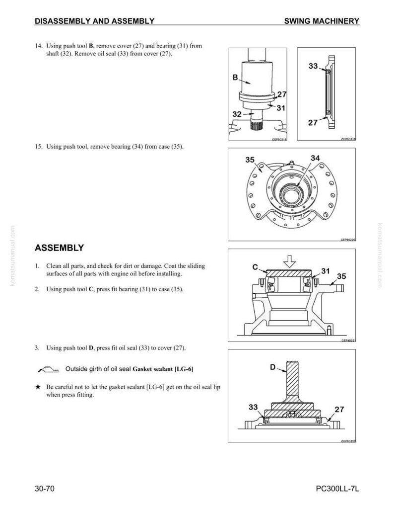 May include: Technical diagrams detailing the disassembly and assembly of swing machinery components. The illustrations show parts like covers, bearings, oil seals, and cases, with labels and instructions. Text provides step-by-step instructions and part numbers.