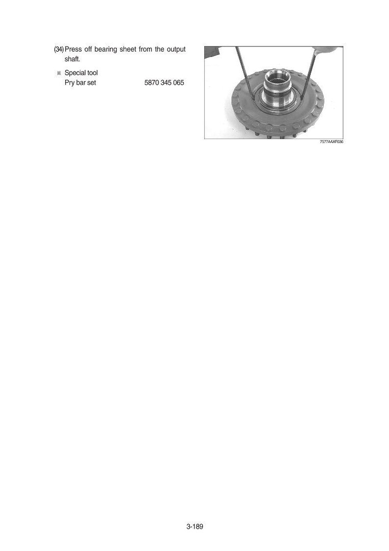 May include: An image from a manual showing a mechanical component with a central hub and a toothed outer ring. The image includes text indicating the part is a bearing sheet and lists a special tool and pry bar set.