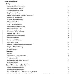 Pode incluir: Uma p&aacute;gina branca com uma tabela de conte&uacute;dos de um manual. O texto preto detalha informa&ccedil;&otilde;es de seguran&ccedil;a, lubrificantes e especifica&ccedil;&otilde;es. O layout &eacute; claro e leg&iacute;vel.