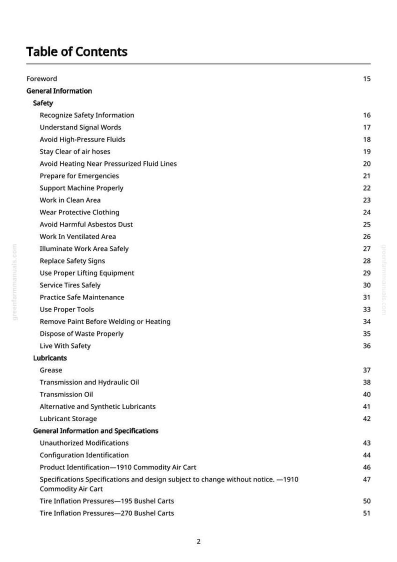Pode incluir: Uma p&aacute;gina branca com uma tabela de conte&uacute;dos de um manual. O texto preto detalha informa&ccedil;&otilde;es de seguran&ccedil;a, lubrificantes e especifica&ccedil;&otilde;es. O layout &eacute; claro e leg&iacute;vel.