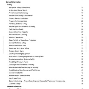 May include: A white page with a table of contents from a manual. The title is "Table of Contents". The table lists safety topics such as "Prevent Machine Runaway" and "Avoid Harmful Asbestos Dust". Page numbers are on the right.