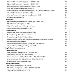 Op de afbeelding: Een gedetailleerde pagina uit een technisch handboek met een lijst van bewerkingen, aanpassingen en probleemoplossingsprocedures. De tekst bevat termen als "Row Marker Sequence Valve Operation" en "Wing-Fold Adjustments". De pagina heeft een genummerde lijst.