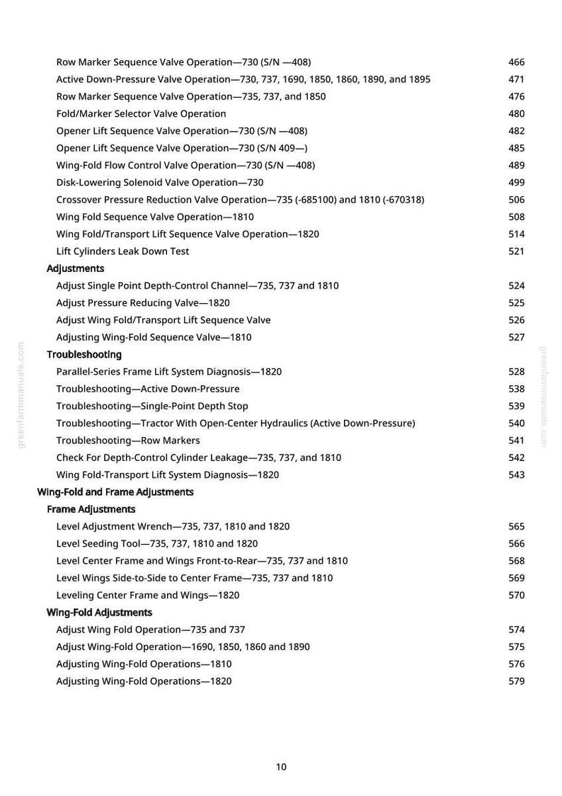 Op de afbeelding: Een gedetailleerde pagina uit een technisch handboek met een lijst van bewerkingen, aanpassingen en probleemoplossingsprocedures. De tekst bevat termen als "Row Marker Sequence Valve Operation" en "Wing-Fold Adjustments". De pagina heeft een genummerde lijst.